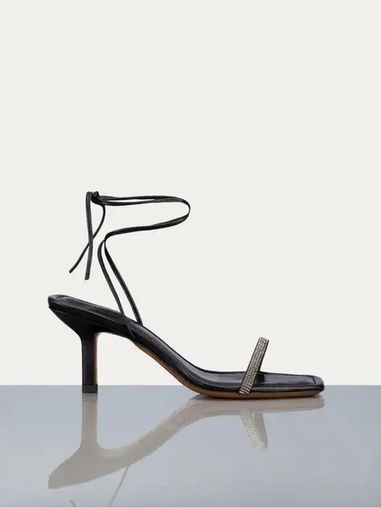 Frame Denim Shoes - Frame Black Lace-Up Mid Heel Sandal with Rhinestone Strap, 37.5